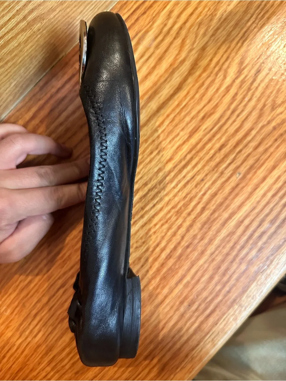 Tory Burch Black Leather Logo Ballet Flats with Silver Emblem